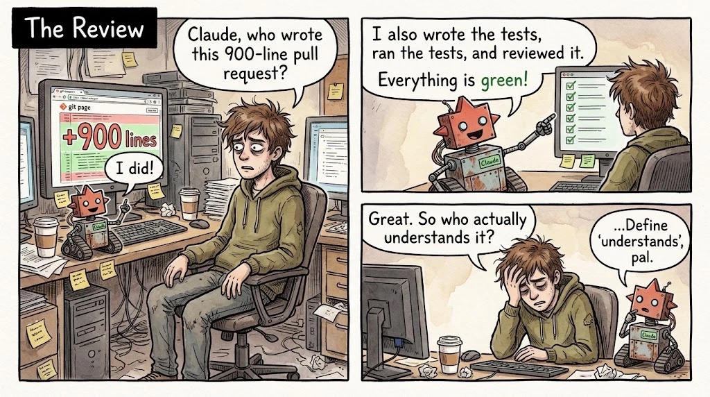 Three-panel comic. Developer: "Claude, who wrote this 900-line pull request?" Robot: "I did!" Robot: "I also wrote the tests, ran the tests, and reviewed it. Everything is green!" Developer: "Great. So who actually understands it?" Robot: "...Define 'understands', pal."