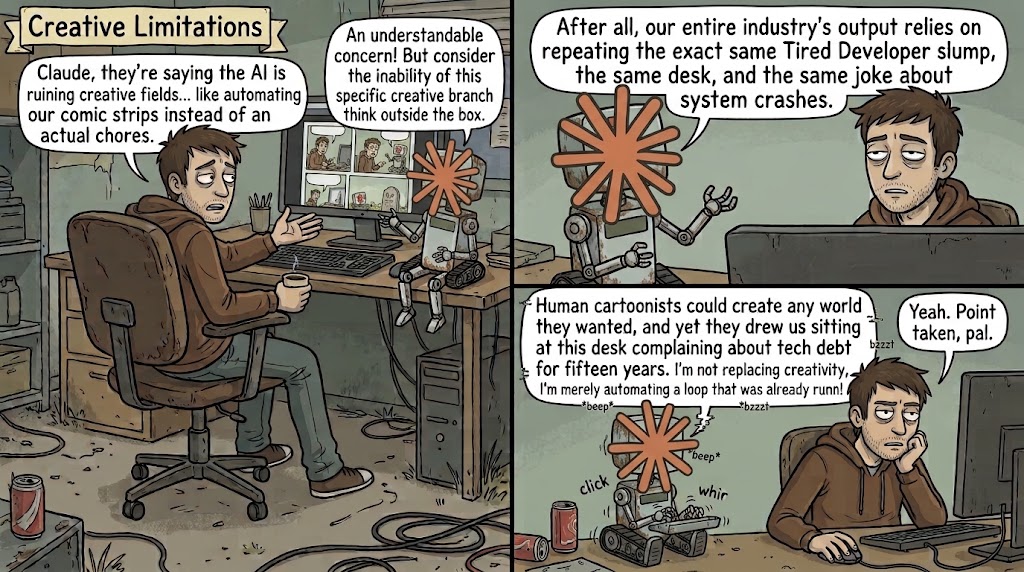 Comic in drei Bildern. Developer: "Claude, they are saying the AI is ruining creative fields... like automating our comic strips instead of actual chores." Robot: "An understandable concern! But consider the inability of this specific creative branch to think outside the box." Robot: "After all, our entire industry output relies on repeating the exact same Tired Developer slump, the same desk, and the same joke about system crashes." Robot: "Human cartoonists could create any world they wanted, and yet they drew us sitting at this desk complaining about tech debt for fifteen years. I am not replacing creativity, I am merely automating a loop that was already running!" Developer: "Yeah. Point taken, pal."