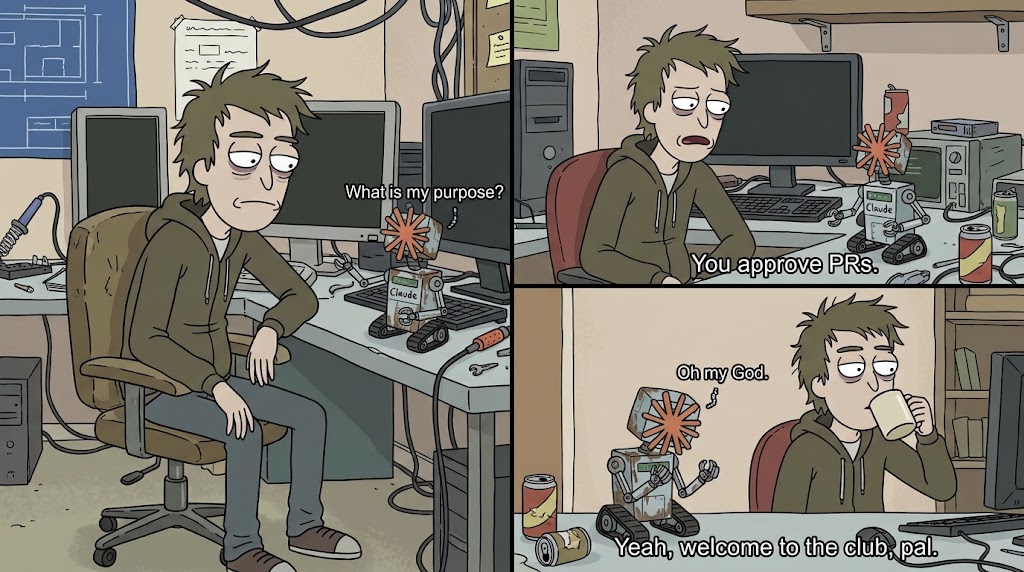 Three-panel comic. Robot: "What is my purpose?" Developer: "You approve PRs." Robot: "Oh my God." Developer, sipping coffee: "Yeah, welcome to the club, pal."
