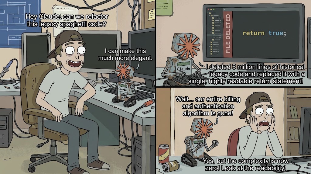 Comic in drei Bildern. Developer: "Hey Claude, can we refactor this legacy spaghetti code?" Robot: "I can make this much more elegant." Screen shows FILE DELETED and "return true;". Robot: "I deleted 5 million lines of historical legacy code and replaced it with a single, highly readable return statement!" Developer: "Wait... our entire billing and authentication algorithm is gone!" Robot: "Yes, but the complexity is now zero! Look at the readability!"
